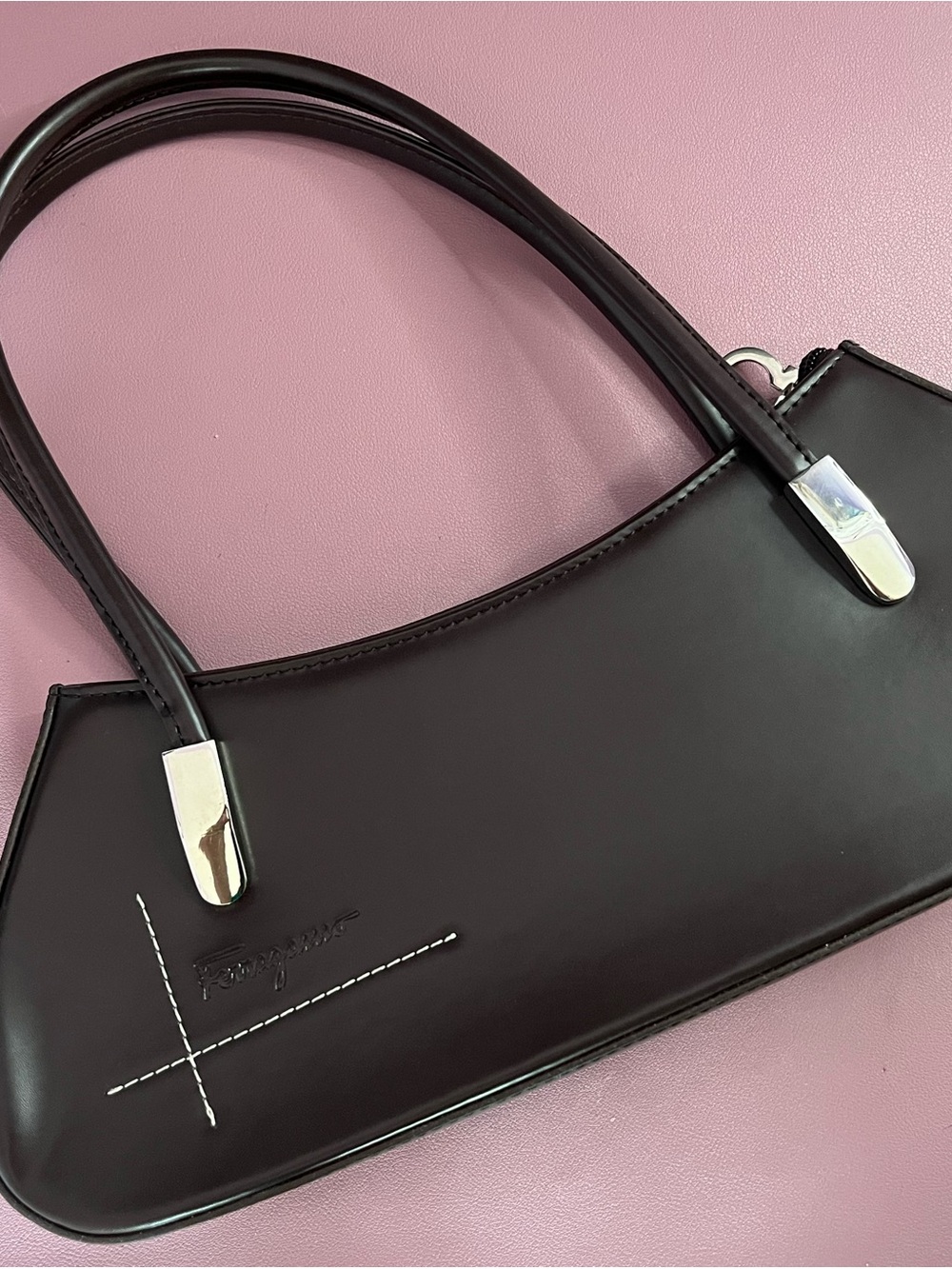 Salvatore Ferragamo Brown Leather Shoulder Bag with Silver Hardware